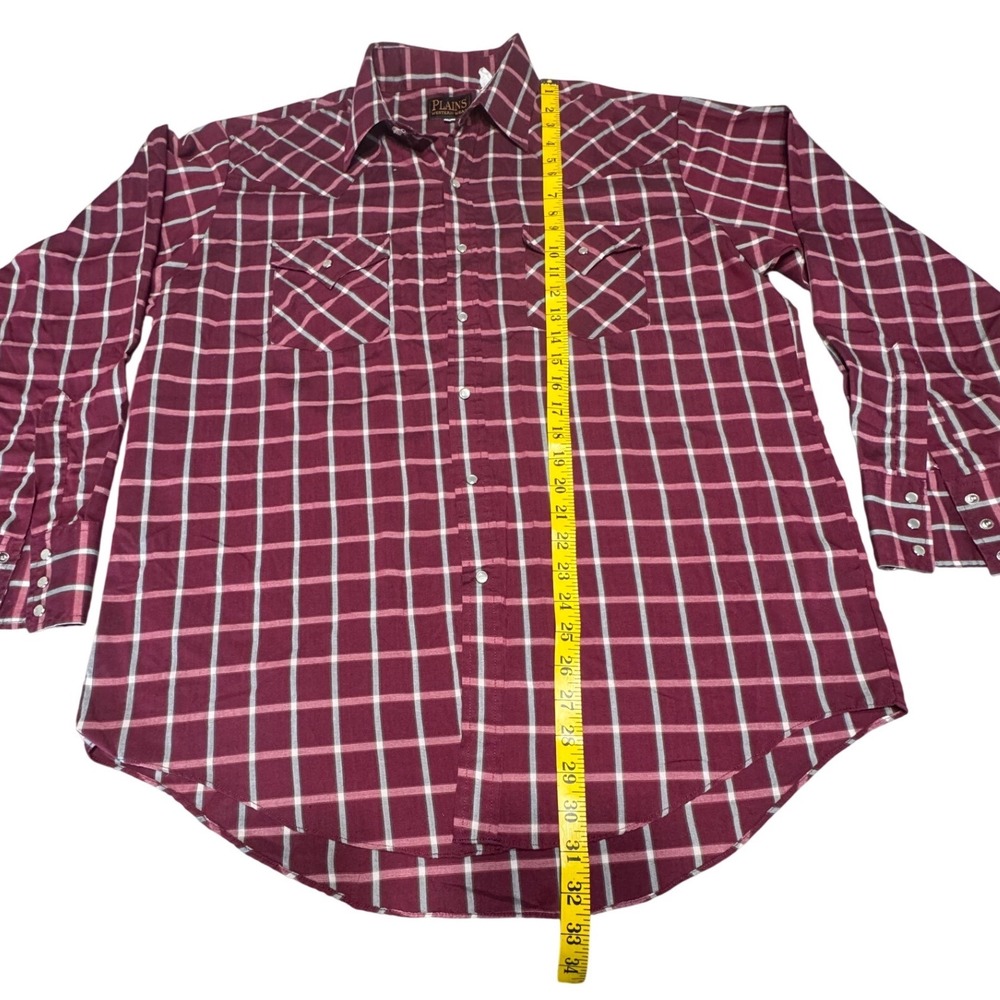 Plains Western Shirt Mens L Pearl Snap Plaid Burgundy Cowboy Southwestern VTG - Picture 3 of 6